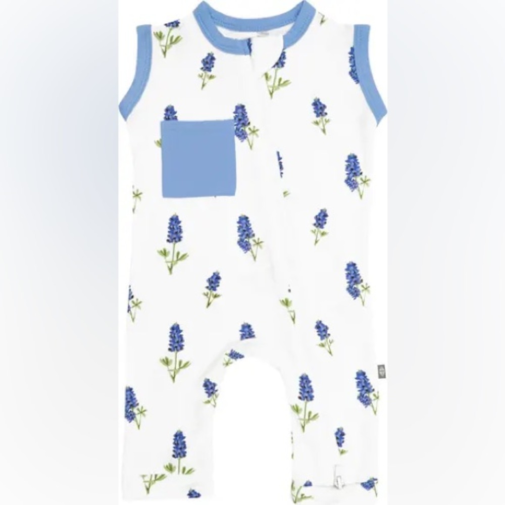 Kyte Baby Sleeveless Zip Romper in Blue Bonnets NWT